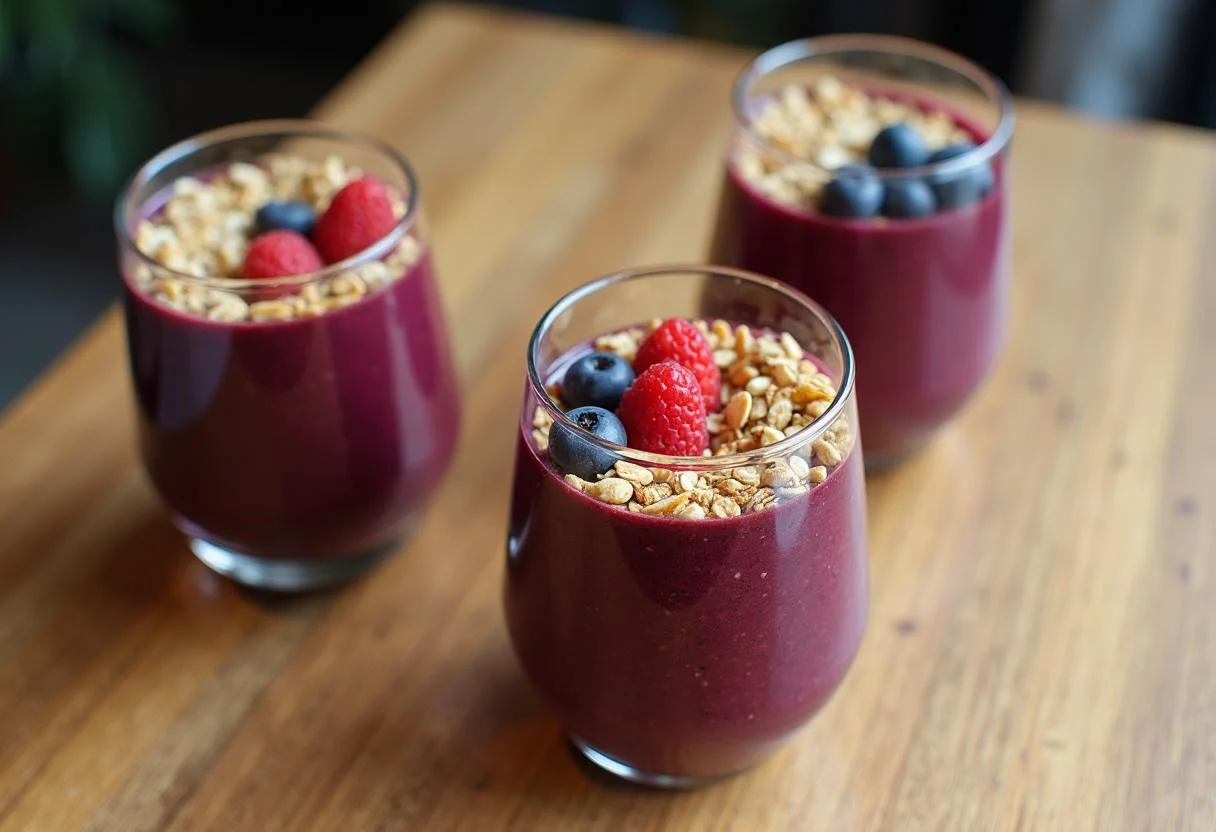 Copos de açaí prontos com granola e frutas, prontos para servir e desfrutar.