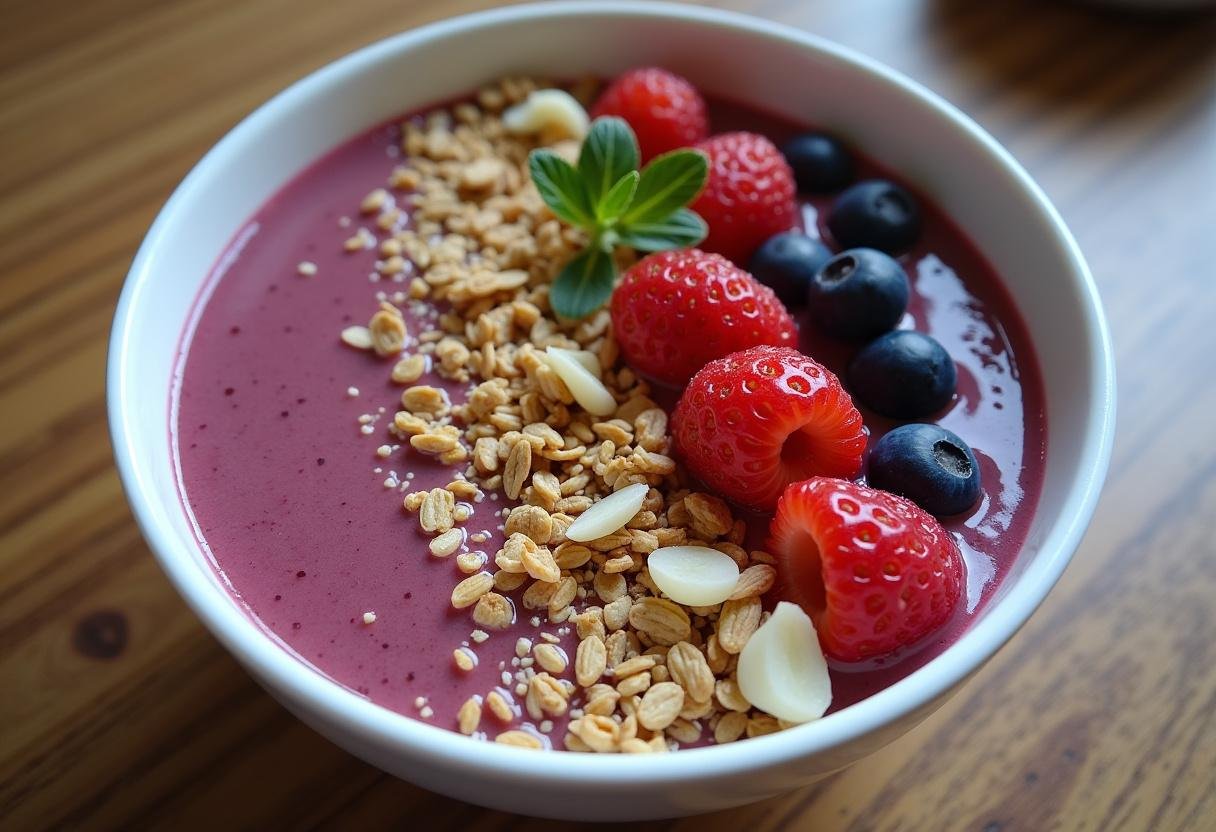 Finished açaí na tigela aberto, a perfect blend of flavor and freshness.