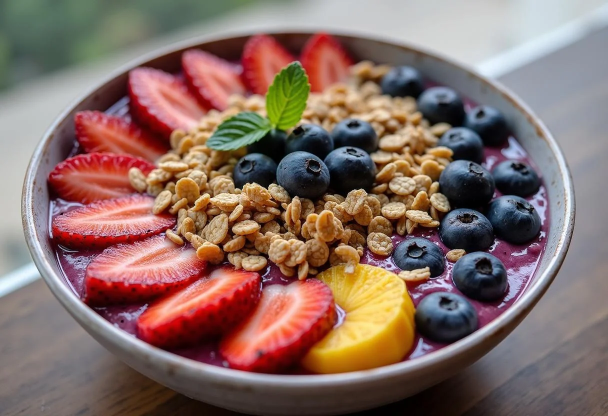 Açaí na tigela aberto finalizado, uma mistura perfeita de sabor e frescor.