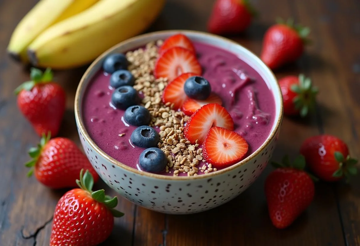 Uma tigela de açaí batido para açaí na tigela aberto, cercada por frutas frescas.
