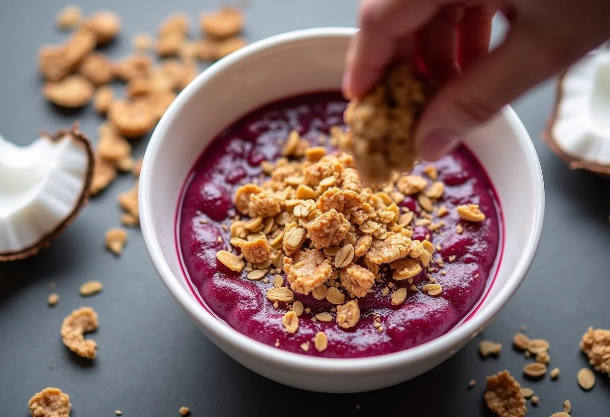 Granola sendo adicionada ao açaí na tigela aberto para uma textura deliciosa.