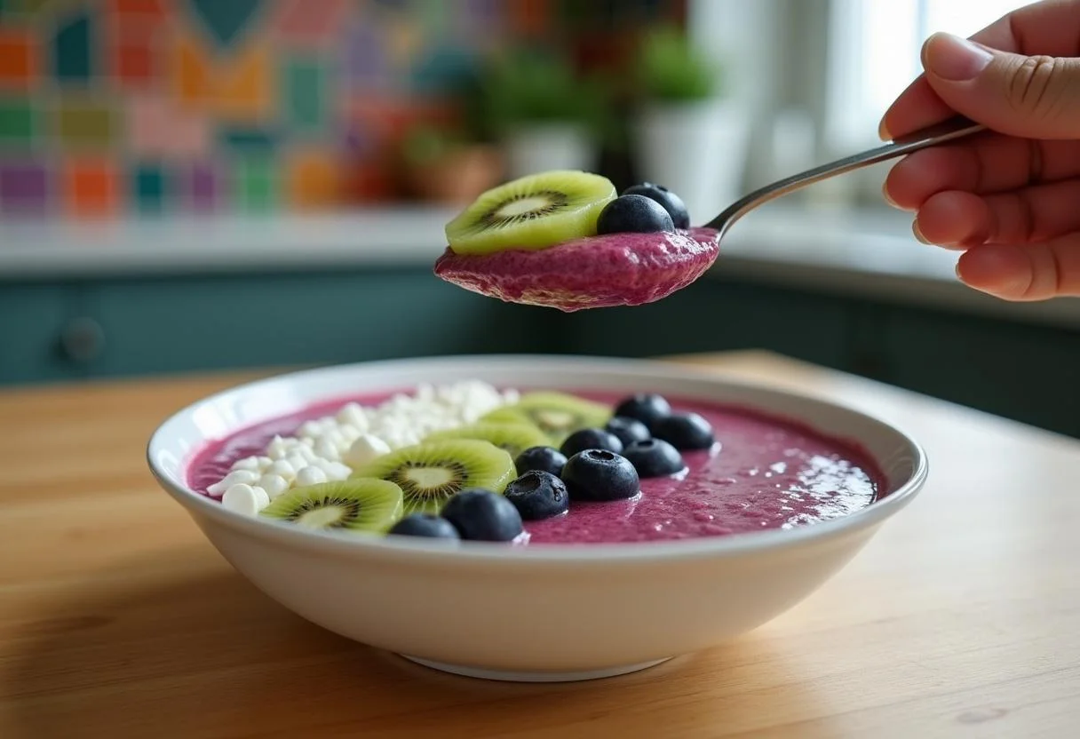 Frutas frescas em camadas sobre o açaí na tigela aberto, aumentando sua aparência vibrante.