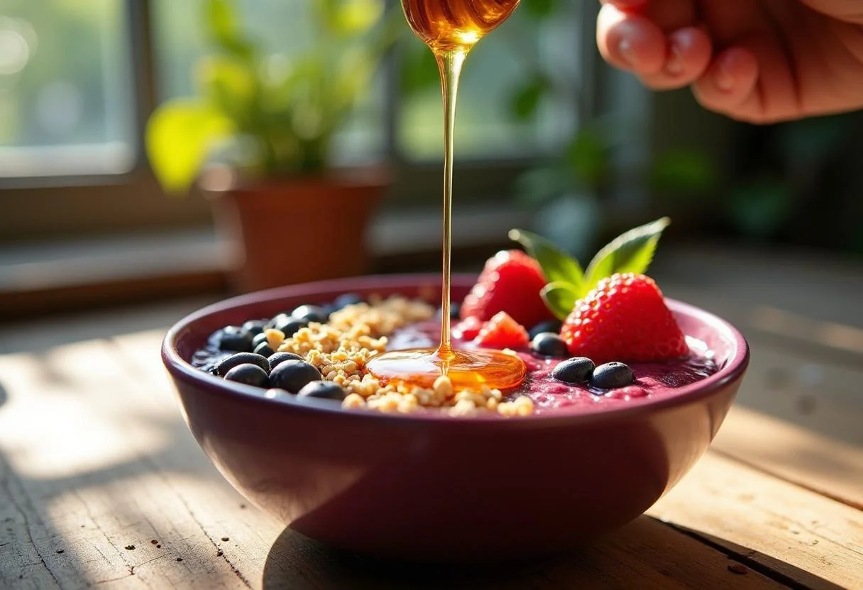 Regando mel sobre açaí na tigela aberto para realçar o sabor e a apresentação.