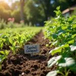 Jardim florescendo com plantas saudáveis, evidenciando os benefícios do adubo com casca de ovo.