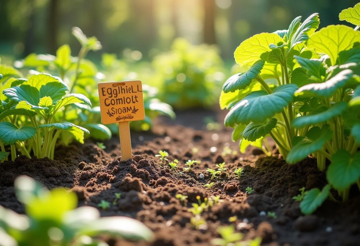 Jardim florescendo com plantas saudáveis, evidenciando os benefícios do adubo com casca de ovo.