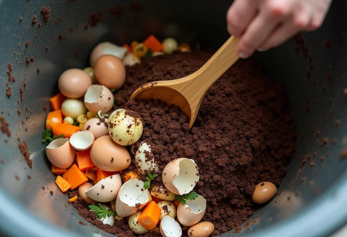 Mistura de casca de ovo com resíduos de vegetais em um composto para enriquecer o solo.