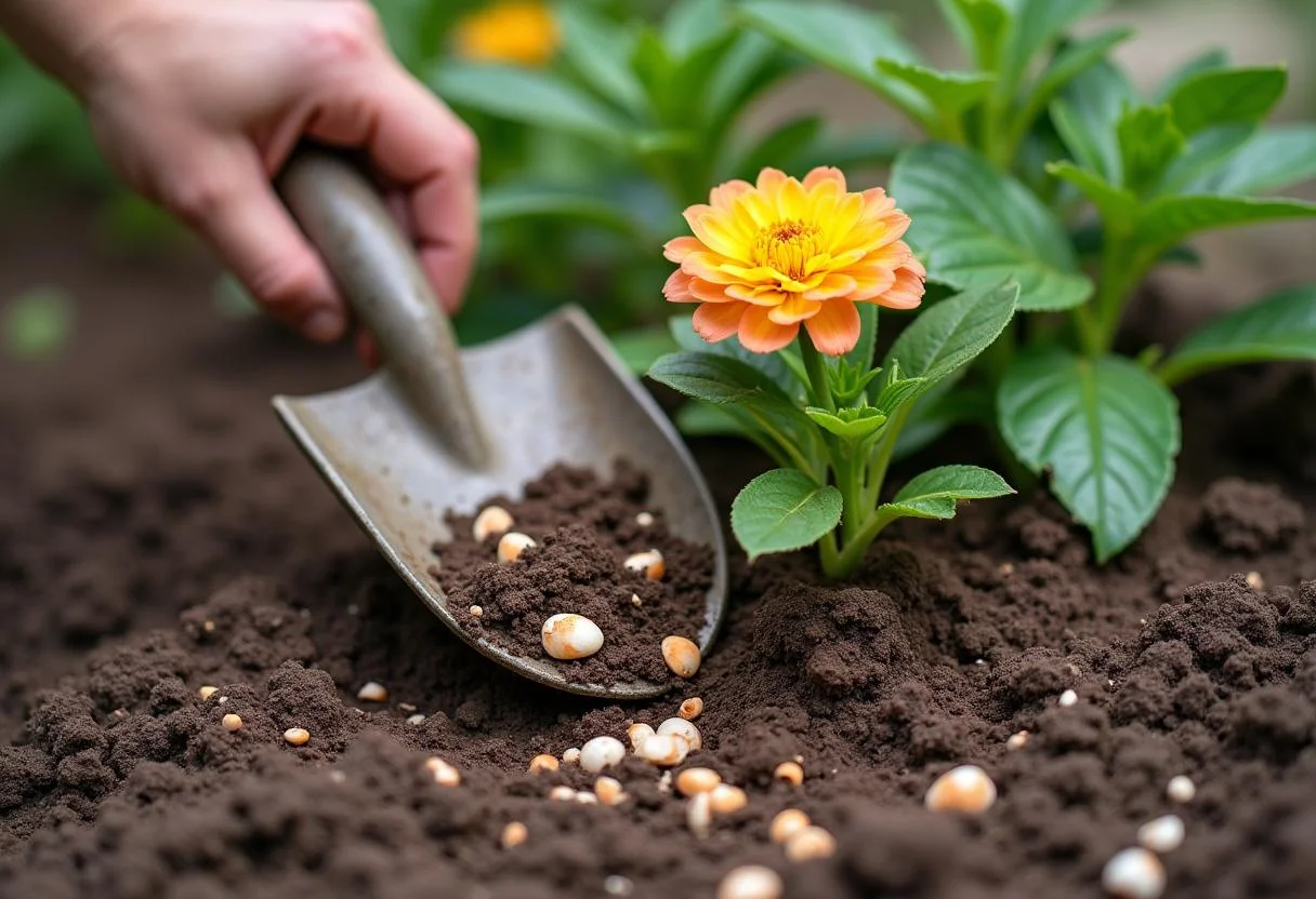 Distribuição de adubo com casca de ovo ao redor de plantas no jardim para fertilização.