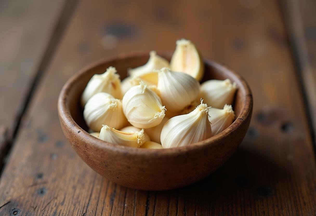 Dentes de alho descascados prontos para cozinhar, ideal para receitas com alho.