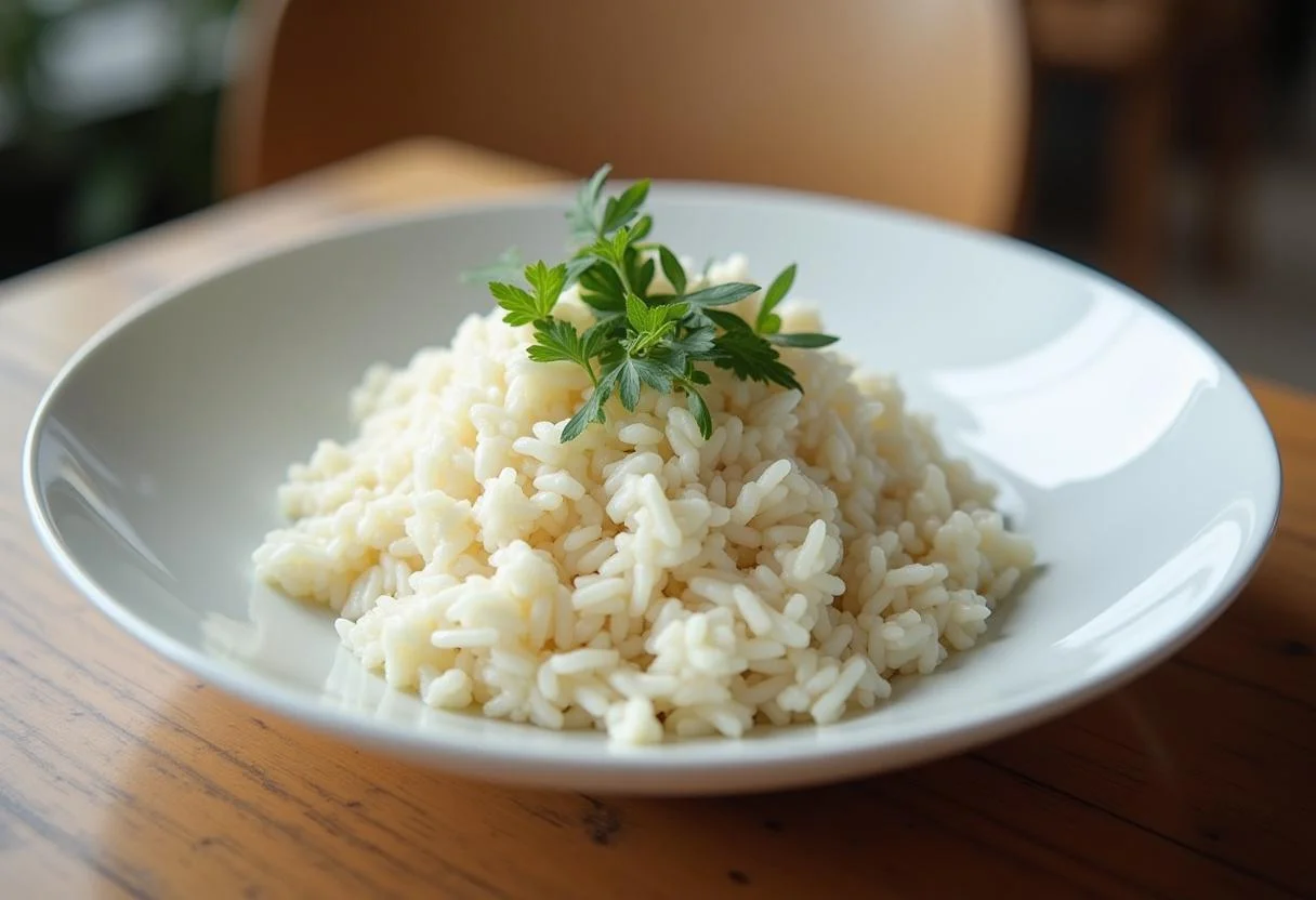 Arroz branco soltinho servido em um prato decorado, ideal para apreciar a origem do arroz.