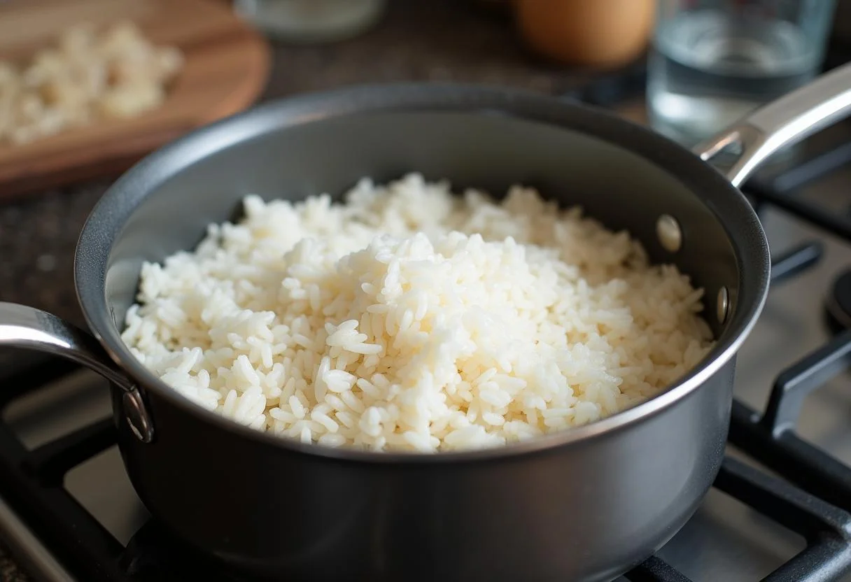Arroz branco rinsado pronto para cozimento, mostrando a origem do arroz na culinária.