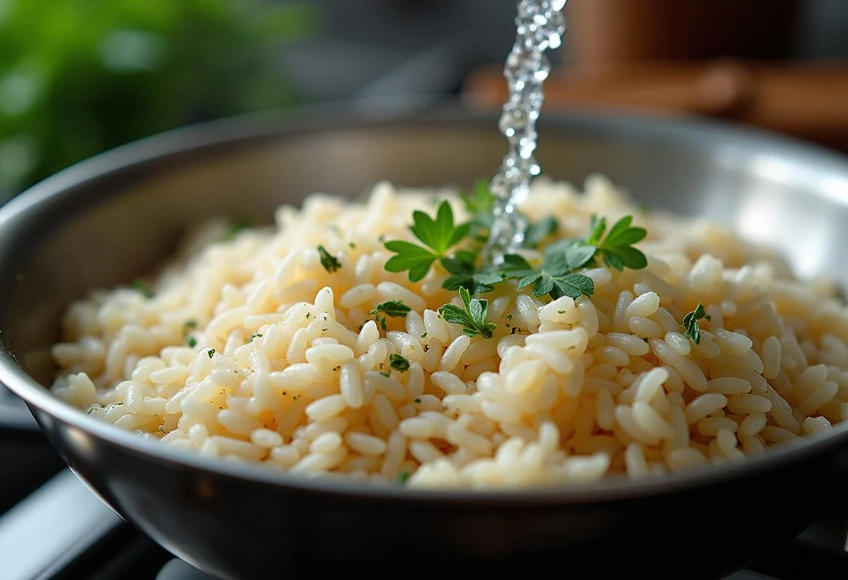 Água sendo adicionada ao arroz branco na preparação de um arroz soltinho, ilustrando a origem do arroz.