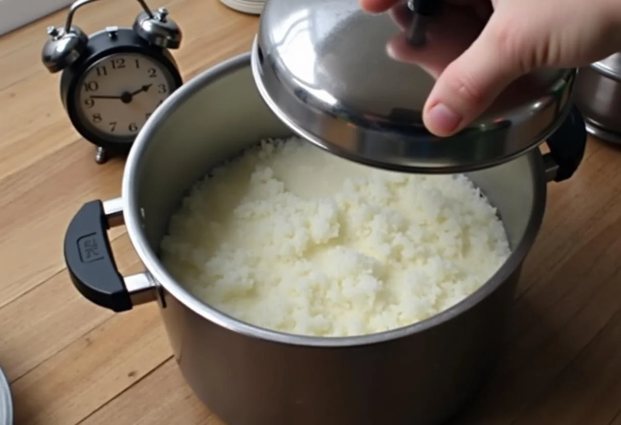 Tampa sendo colocada no pote de arroz branco enquanto cozinha, destacando a origem do arroz.