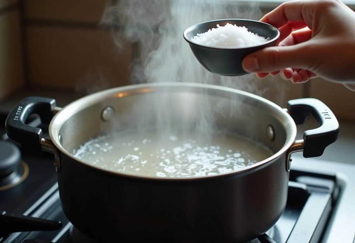Água fervendo em uma panela com sal para cozinhar o arroz cristal na receita de Arroz Cristal Soltinho.