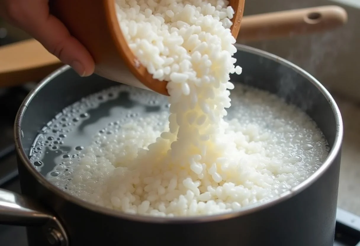 Arroz cristal sendo adicionado à água fervente para um Arroz Cristal Soltinho perfeito.