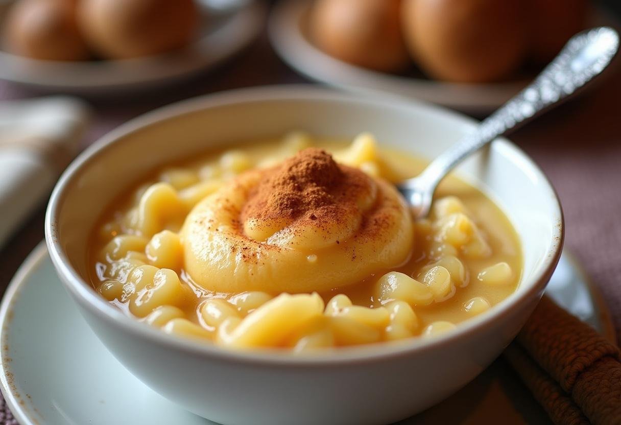 Arroz doce cremoso namorado apresentado em uma tigela, perfeito para momentos especiais.