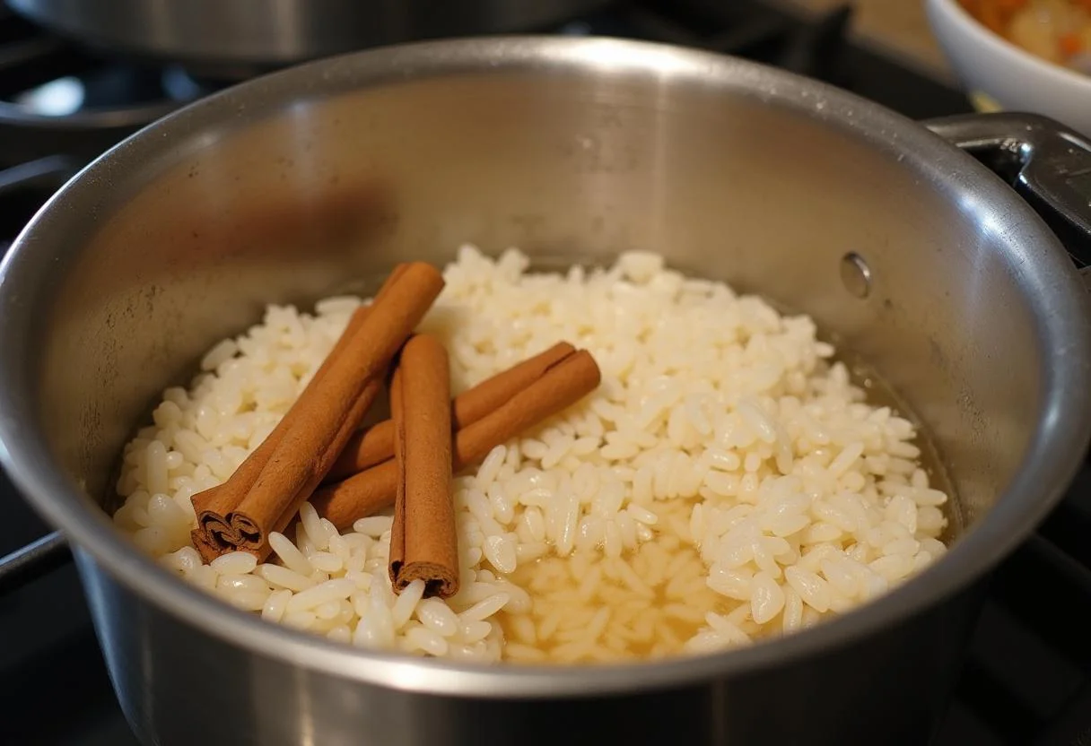 Arroz namorado com água e canela no fogo para o preparo do arroz doce cremoso namorado.