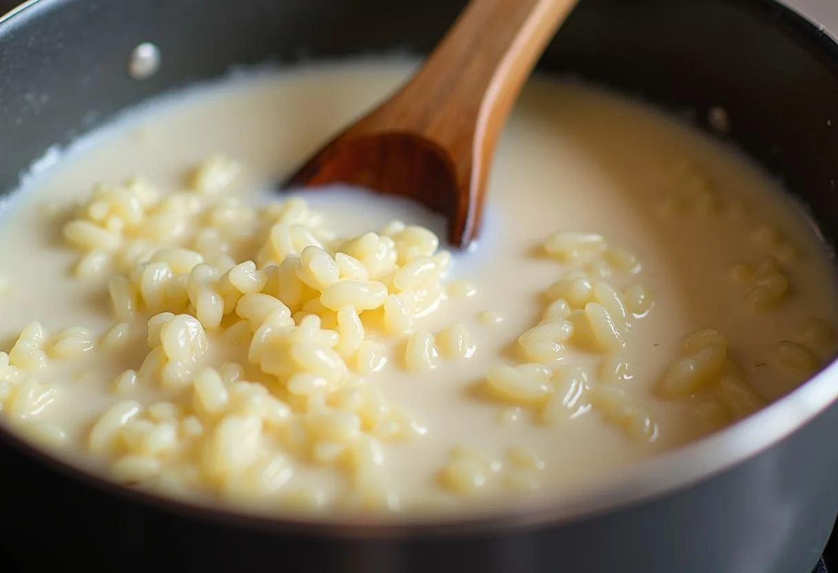 Mistura de arroz namorado cozinhando no leite para o arroz doce cremoso namorado.