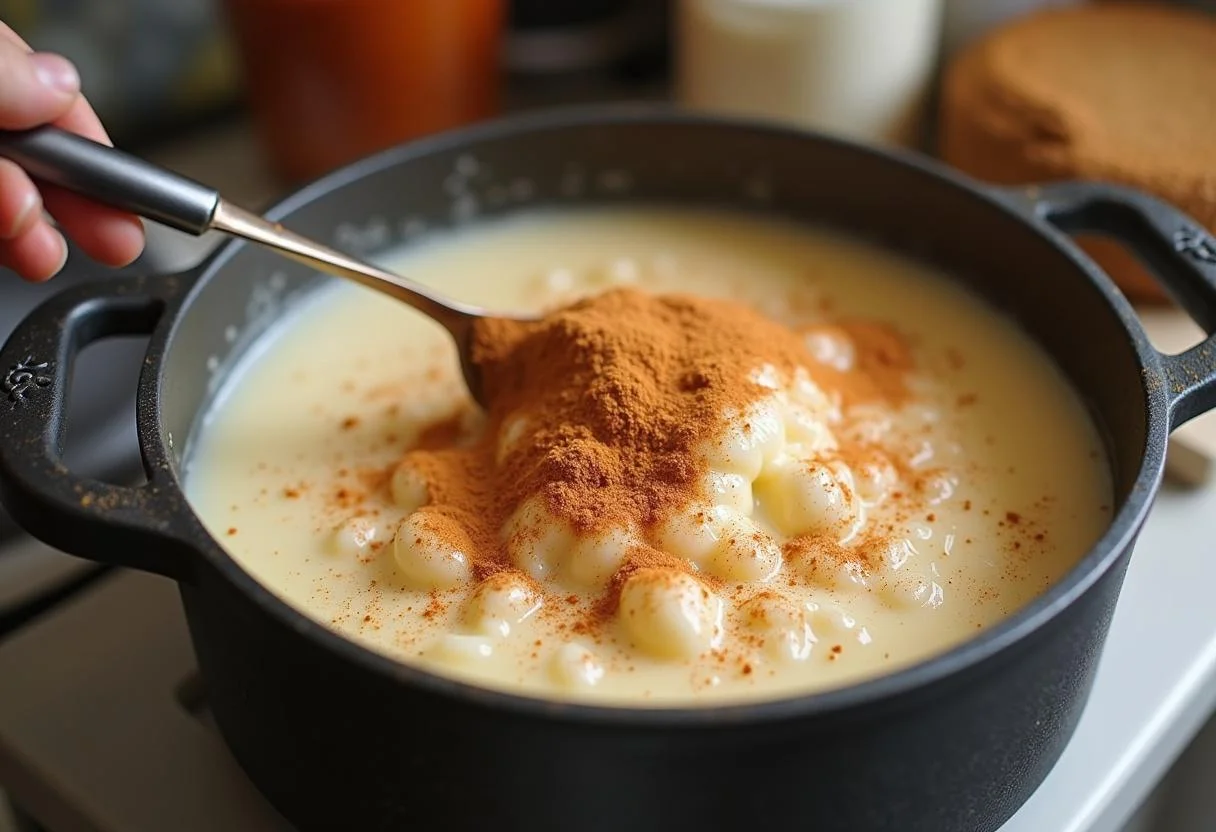 Arroz doce cremoso namorado sendo finalizado com canela em pó na cozinha.