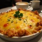 Arroz de forno com presunto e queijo prontinho na mesa, ideal para uma refeição deliciosa.