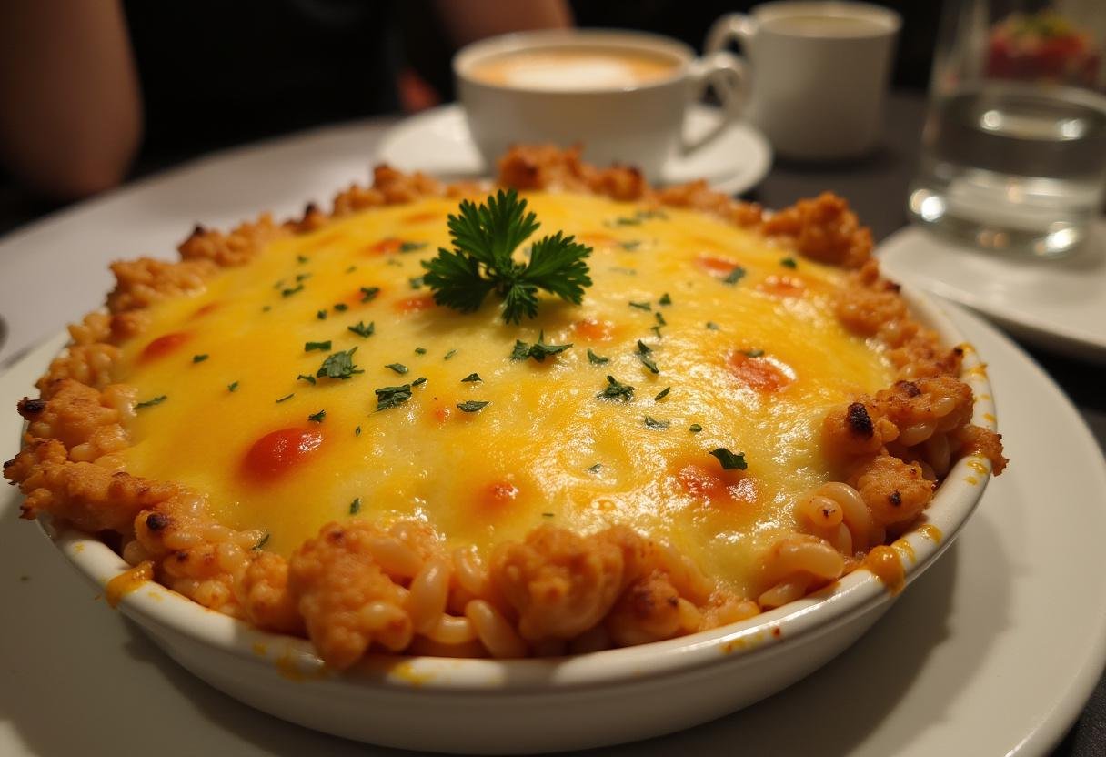 Arroz de forno com presunto e queijo prontinho na mesa, ideal para uma refeição deliciosa.