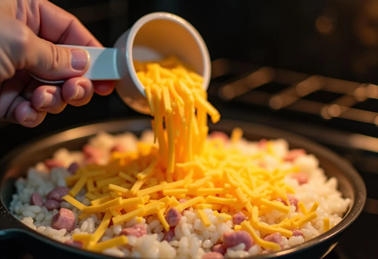 Queijo ralado sendo adicionado ao arroz de forno com presunto e queijo antes de ir ao forno.