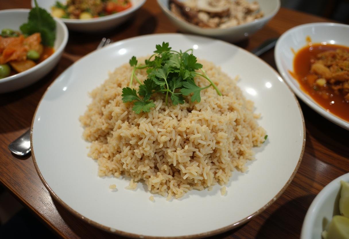 Prato de arroz de jasmin decorado, perfeito para uma refeição tailandesa.