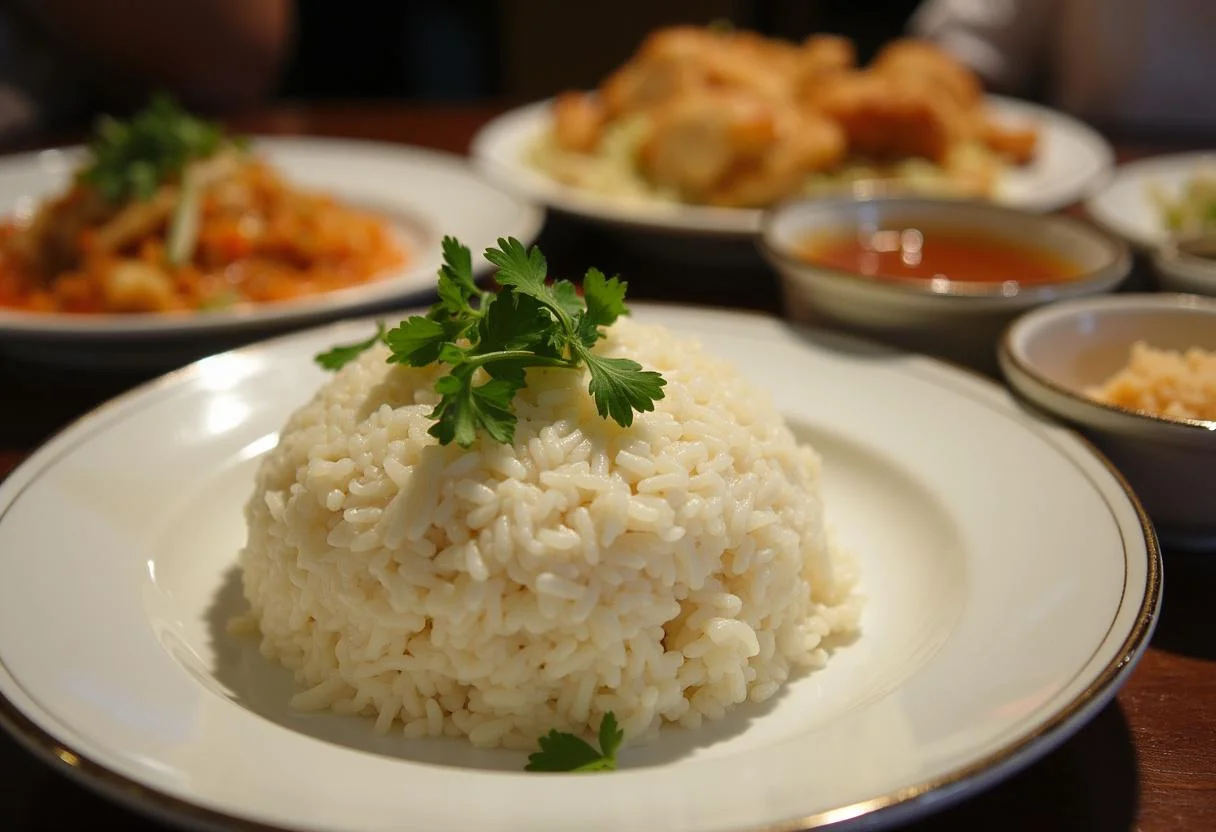 Prato de arroz de jasmin decorado, perfeito para uma refeição tailandesa.