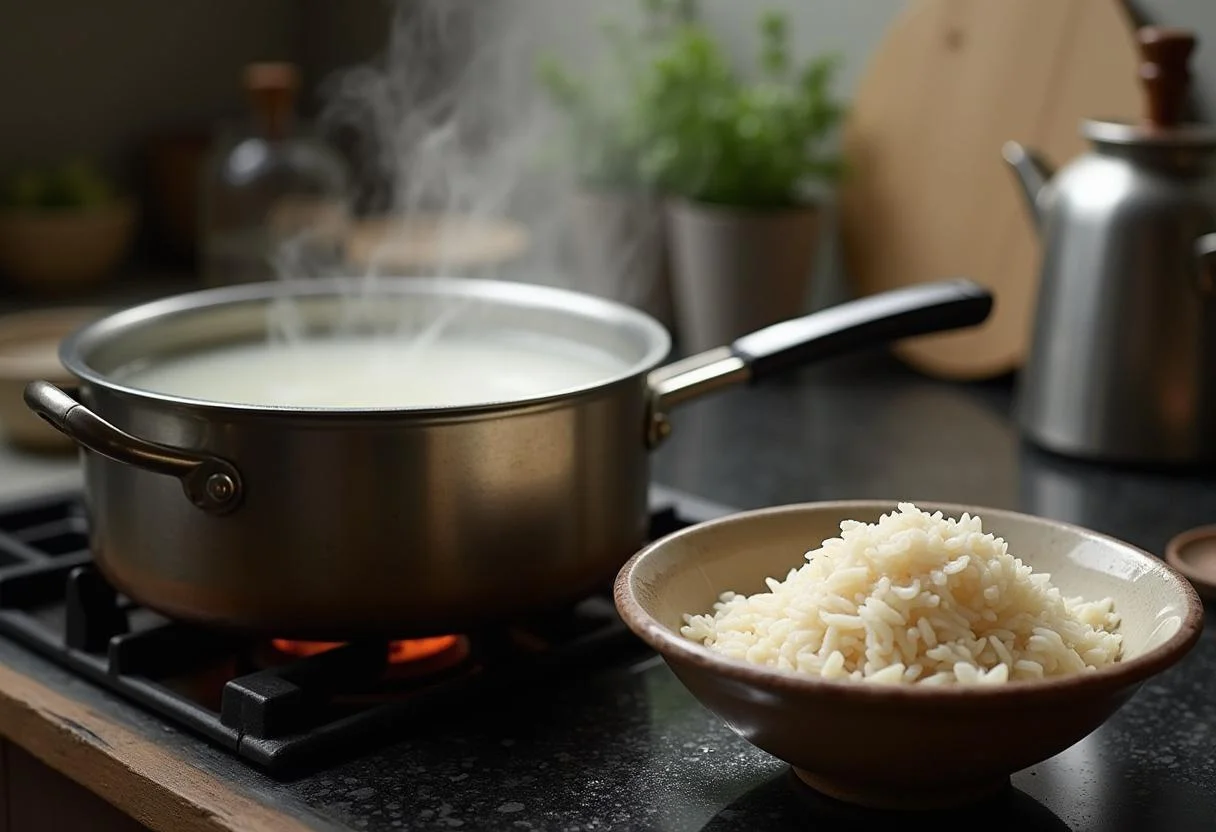 Preparando arroz de jasmin em uma panela fervente para um prato delicioso.