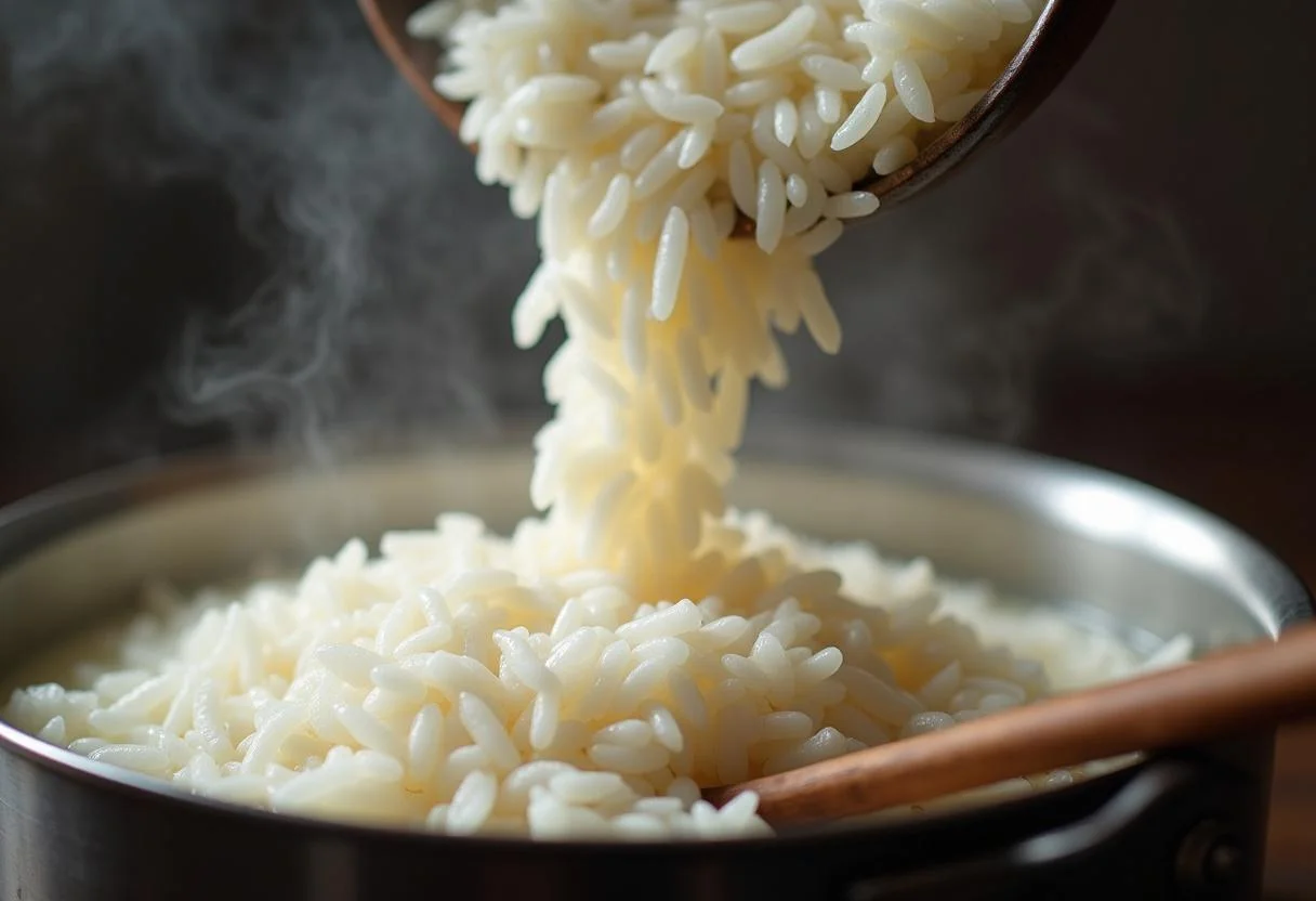 Adicionando arroz de jasmin em água fervente para cozinhar perfeitamente.