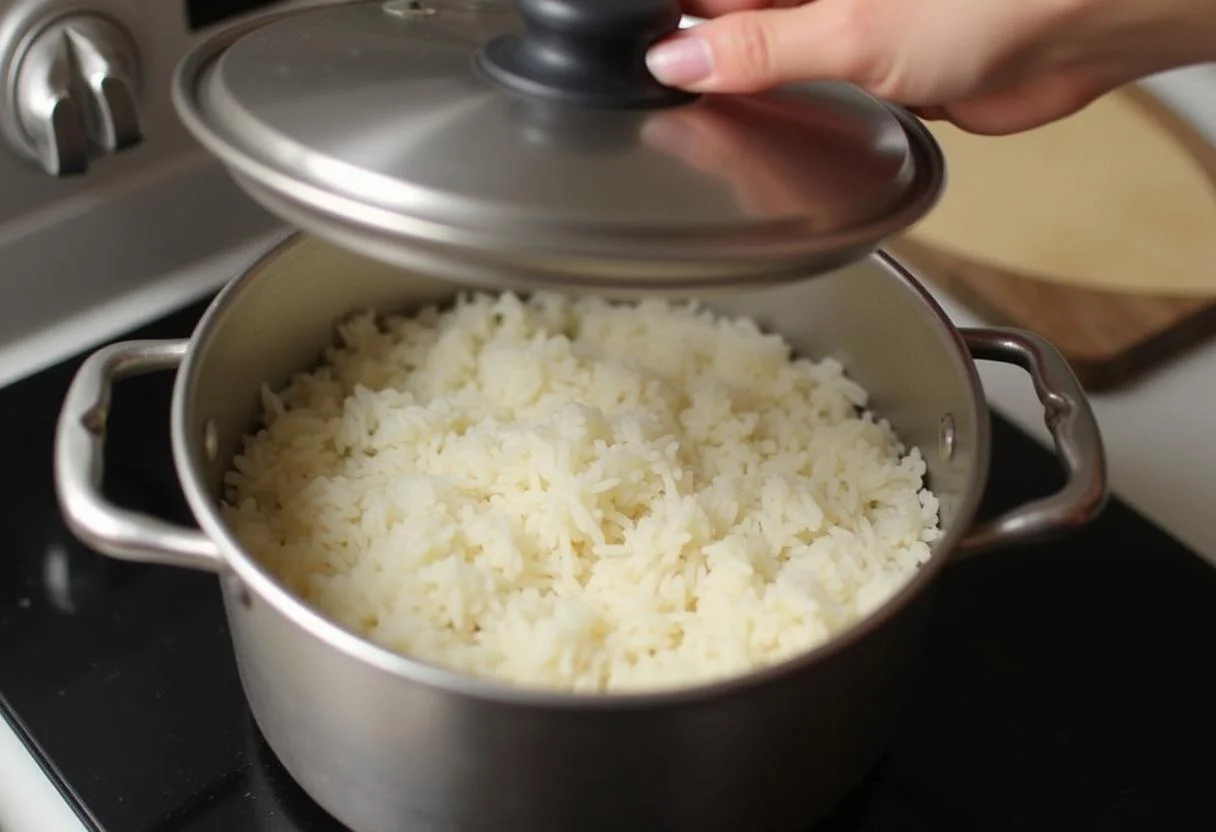 Tampa sendo colocada na panela enquanto o arroz de jasmin cozinha.