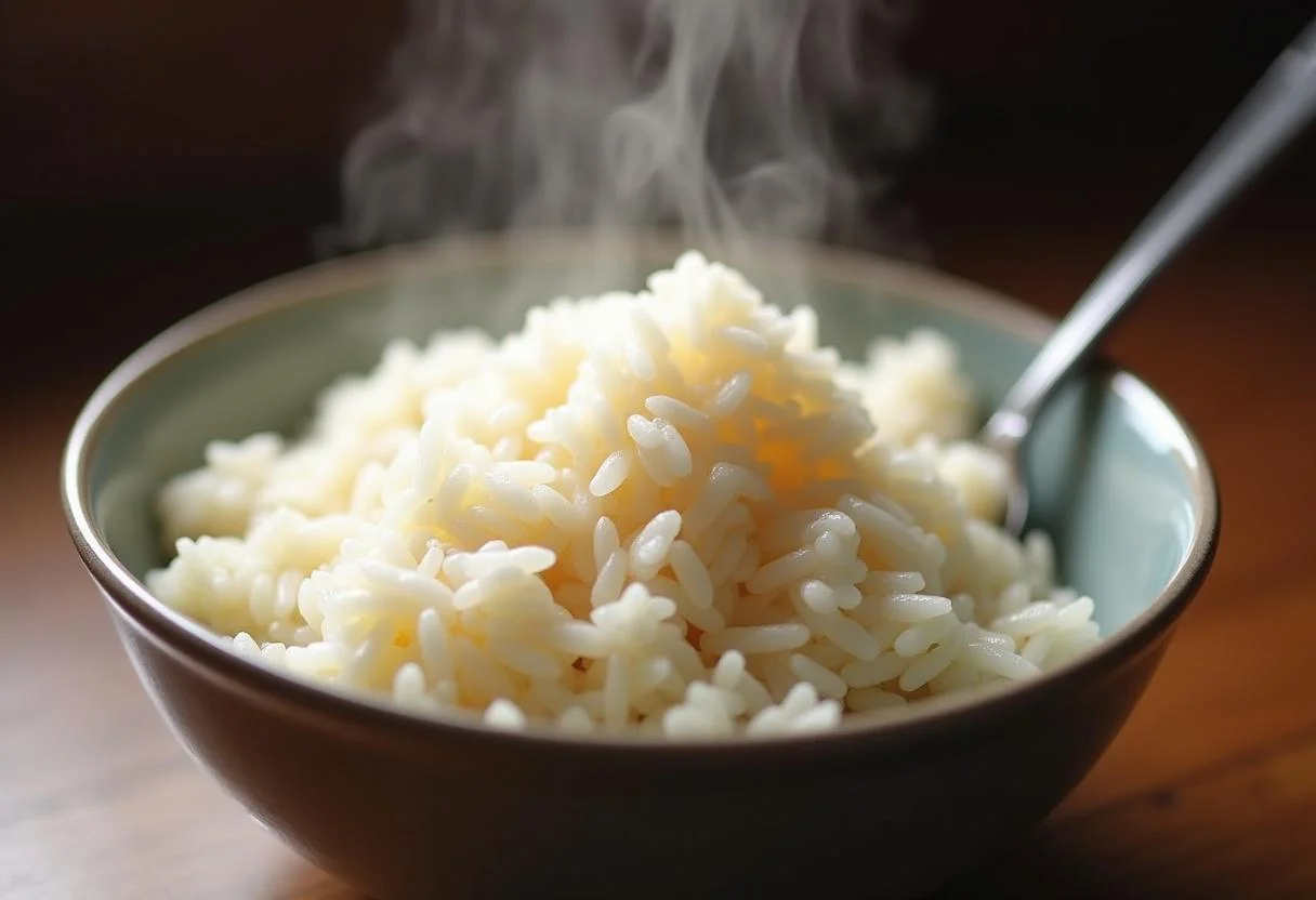 Arroz de jasmin cozido e fofinho pronto para ser servido.