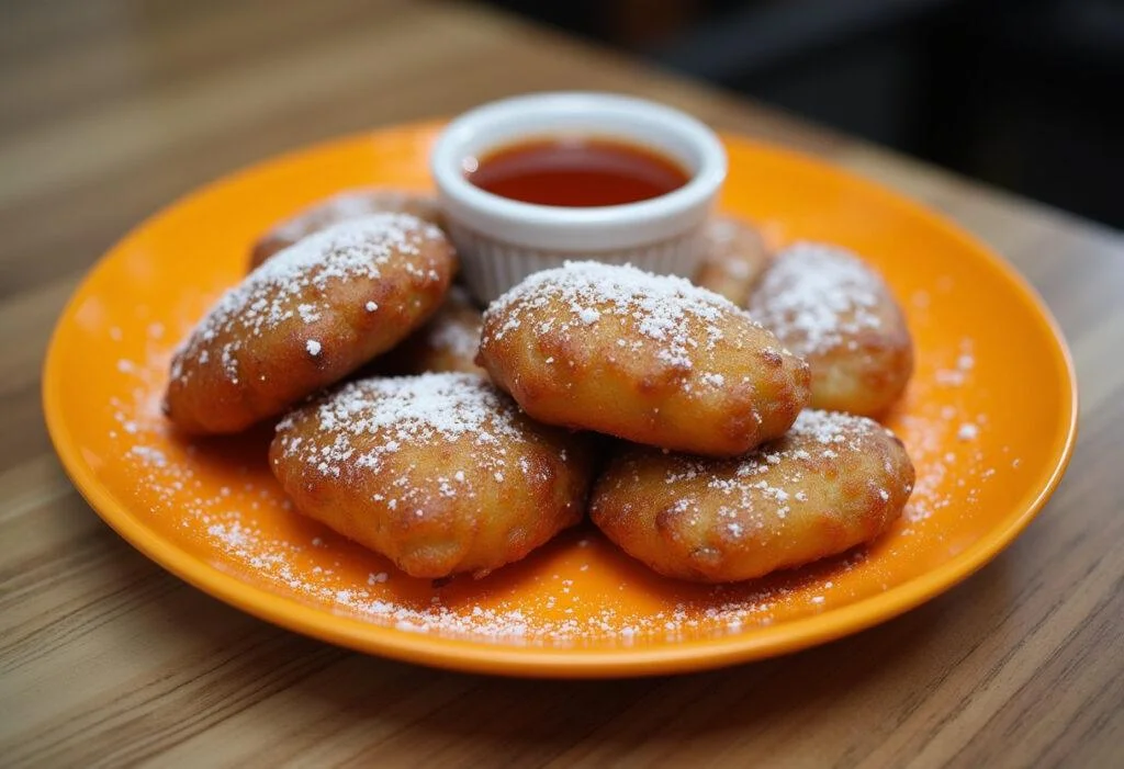 Delicious banana caturra frita served with powdered sugar and a dipping sauce, perfect for enjoying as a snack.