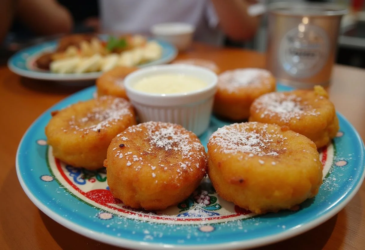 Deliciosa banana caturra frita servida com açúcar de confeiteiro e um molho para mergulhar, perfeita para saborear como um lanche.