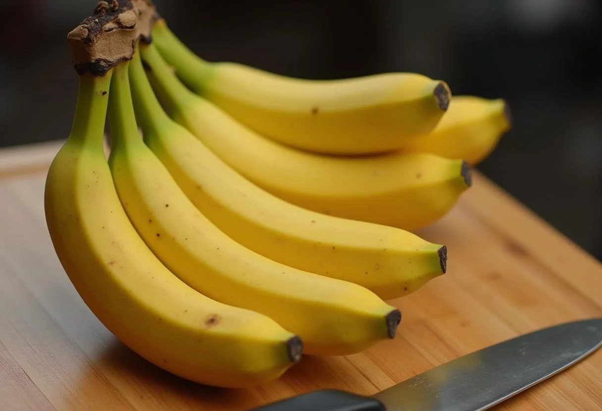 Banana caturra colocada em uma tábua de corte, pronta para ser fatiada para fazer banana caturra frita.