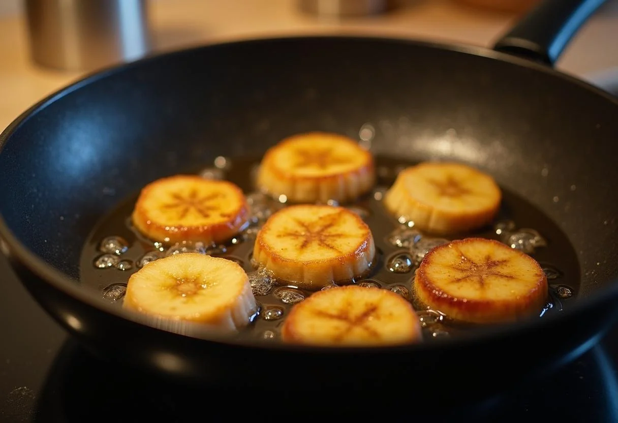 Fatias de banana caturra fritas cozinhando no óleo, o passo chave para fazer banana caturra frita.