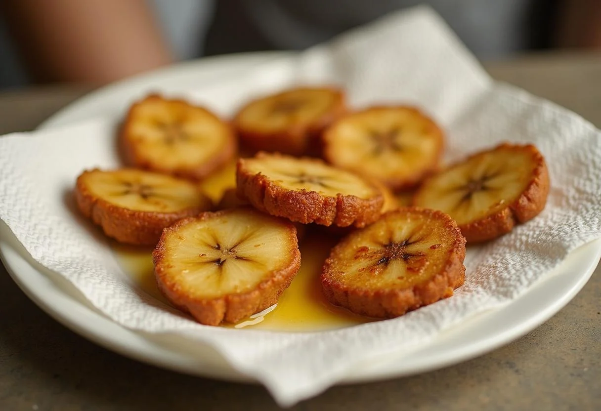 Banana caturra frita escorrendo em papel toalha, garantindo um acabamento crocante.