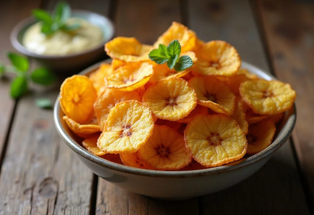 Delicious banana desidratada chips displayed elegantly, perfect for snacking.
