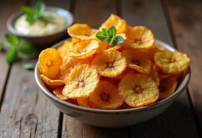 Delicious banana desidratada chips displayed elegantly, perfect for snacking.