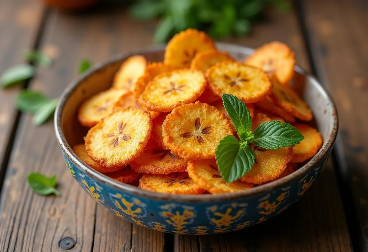 Deliciosas banana desidratada chips exibidas elegantemente, perfeitas para um lanche.