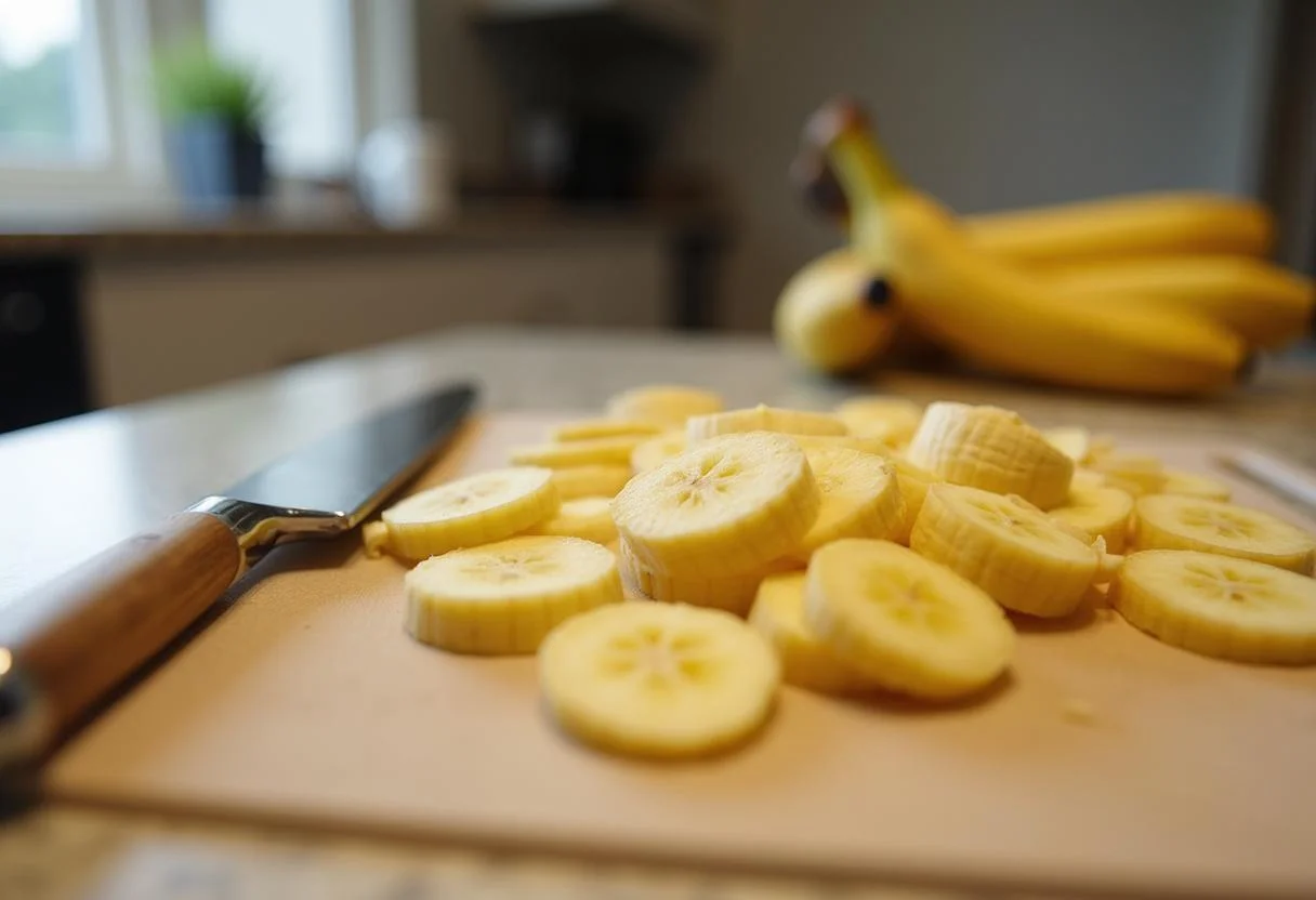 Bananas sendo cortadas em rodelas para fazer banana desidratada chips.