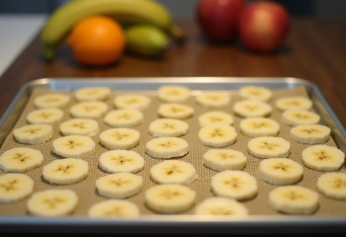 Fatias de banana arrumadas em uma bandeja para banana desidratada chips caseira.