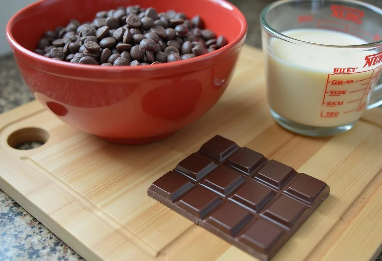 Ingredientes para a barra de chocolate nestle, incluindo barra de chocolate e gotas de chocolate ao leite.