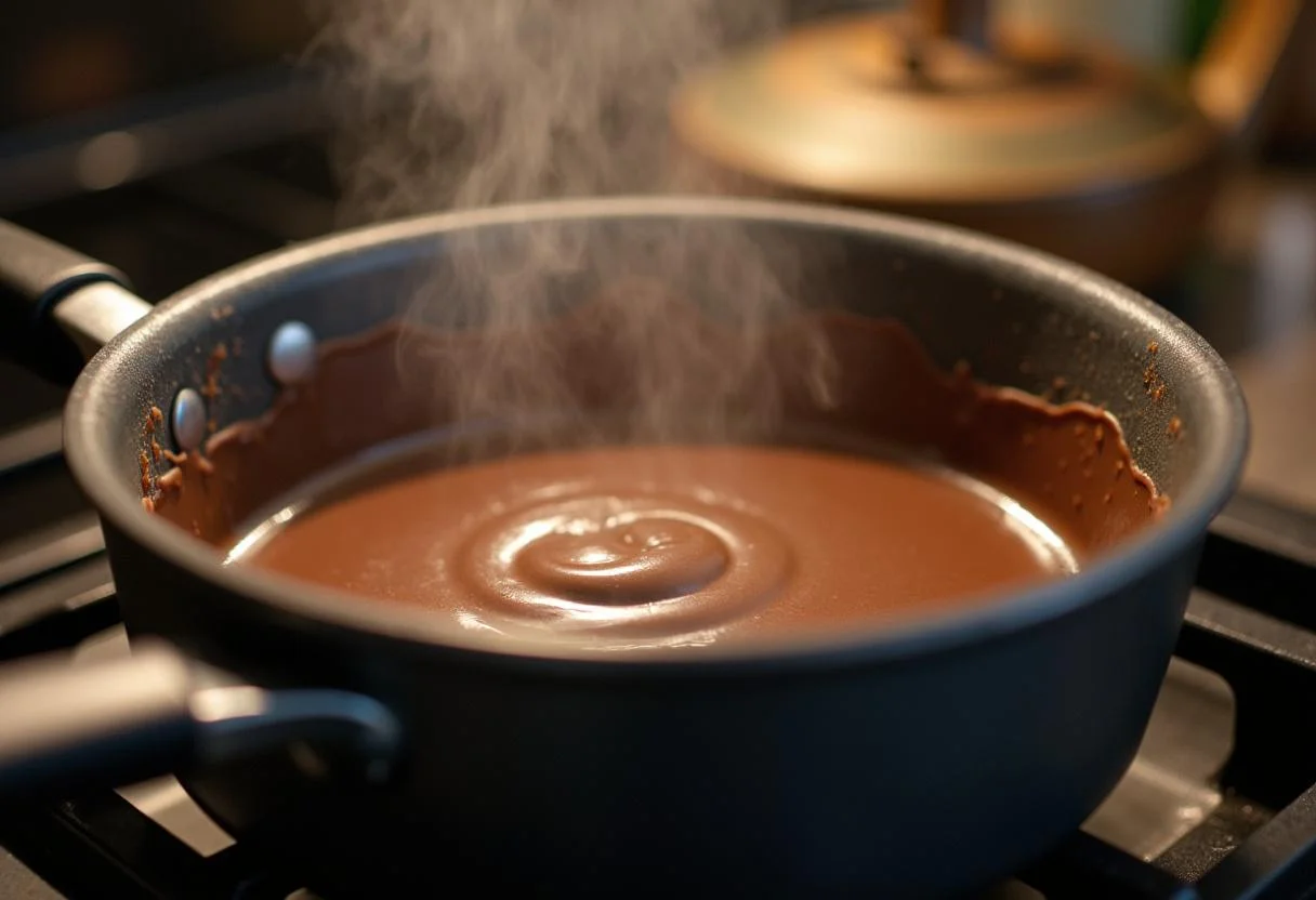 Chocolate sendo derretido para fazer barra de chocolate da nestle, resultando em uma mistura cremosa.