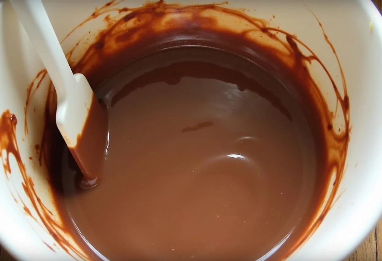 Mistura de chocolate derretido e leite condensado para barras de chocolate 2kg sendo misturada.