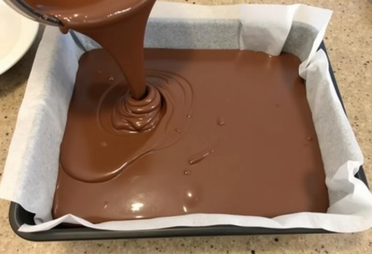Mistura de chocolate sendo derramada em forma para fazer barra de chocolate da nestle.