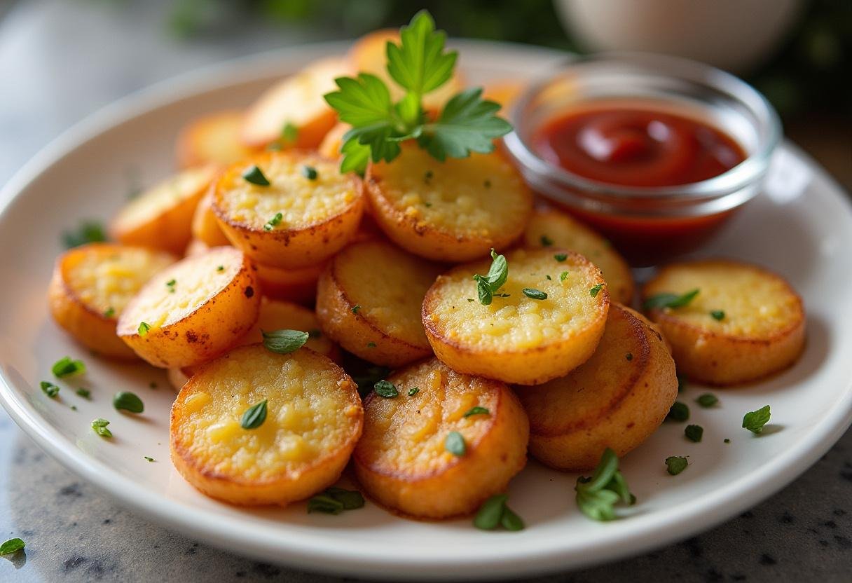 Batata frita caseira crocante, pronta para servir com ketchup.