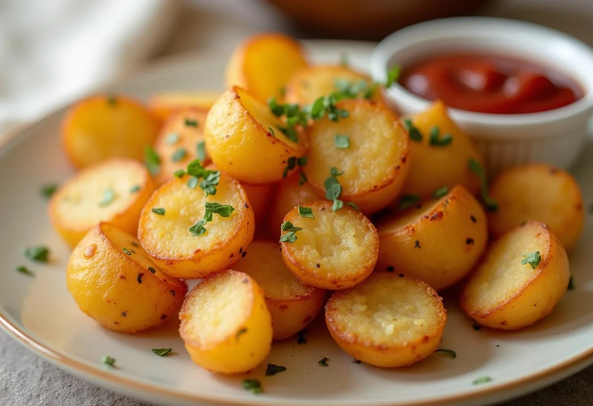 Batata frita caseira crocante, pronta para servir com ketchup.