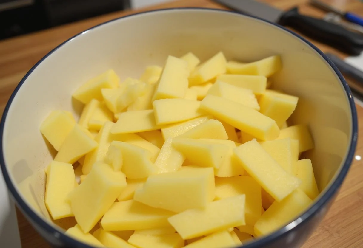 Batata frita congelada cortada e pronta para temperar em uma tigela.