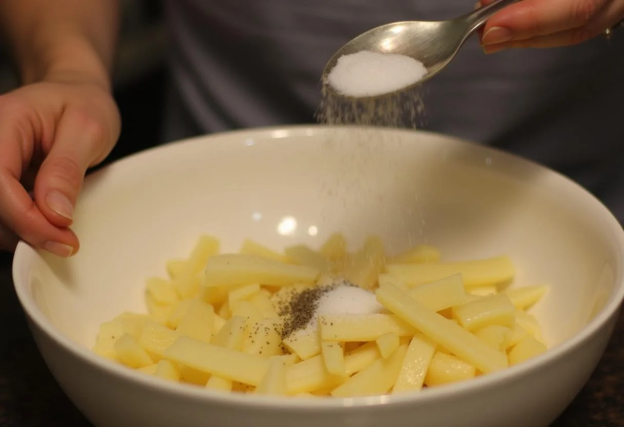 Temperando batata frita pré frita com sal e pimenta em uma tigela.