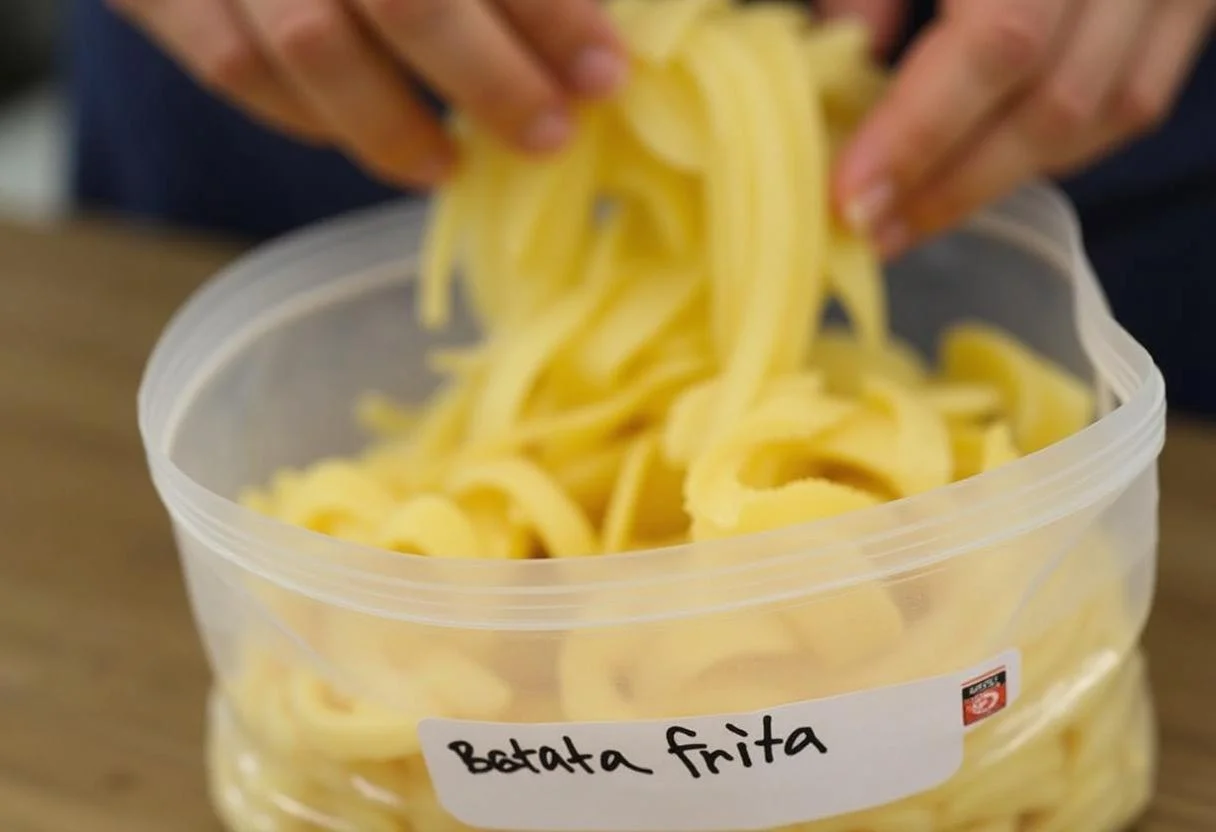 Transferindo batata frita congelada para embalagem para manter a frescura.